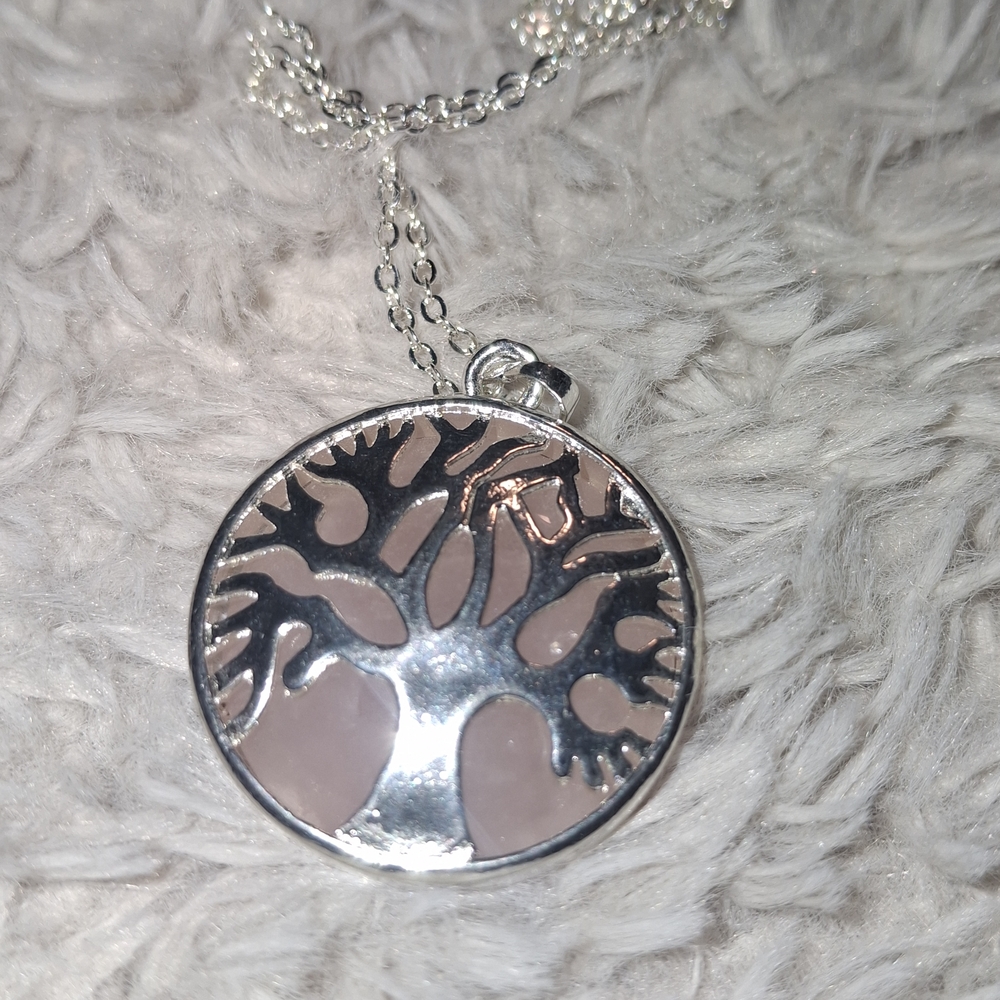 Silver Tree of Life Pendant Necklace with Pink Inlay